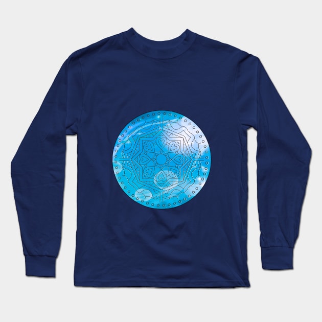 BLUE HEART LEADLIGHT MANDALA, MANDALA BLUE CIRCLES, GEOMETRY MANDALA Long Sleeve T-Shirt by danitacreate